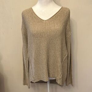 RDI tan V neck long sleeve lightweight sweater with brown elbow patches Sz L EUC